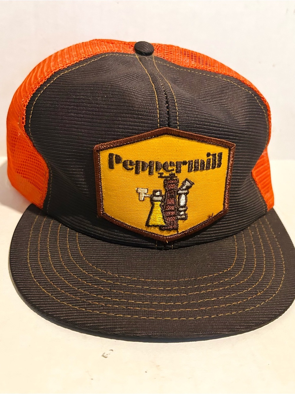 Vintage Peppermill Trucker Hat Gray Orange Stitching Mesh Back 1990s Adjustable